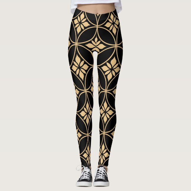 Legging Dourado e Preto: Vintagem Floral Abstrato (Frente)