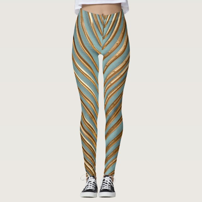 Legging Dourado Pintado Padrão de Palma Tropical (Frente)