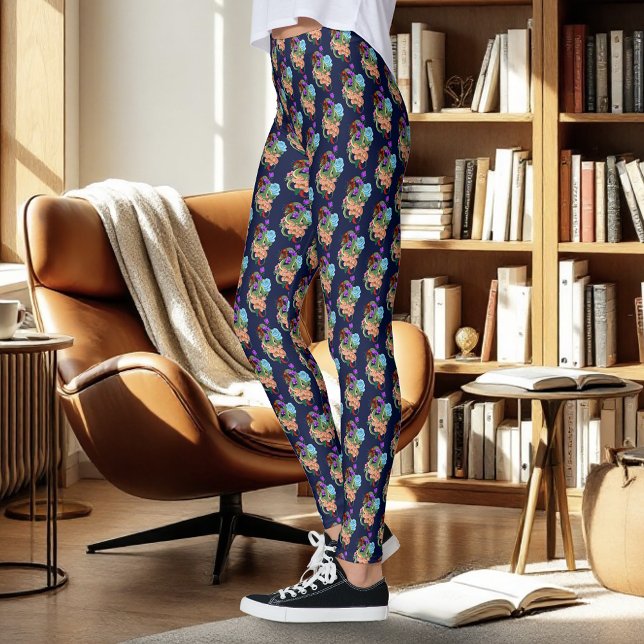 Legging Dragão Chinês Verde Místico Floral Azul Marinho (Criador carregado)