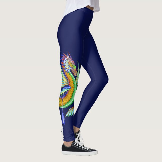Legging Dragão de água Dourado e verde em fundo azul (Direita)