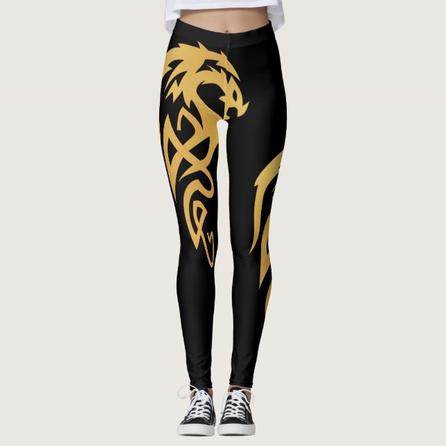 Legging Dragão Dourado Mágico Preto Encantado Minimalista (Frente)