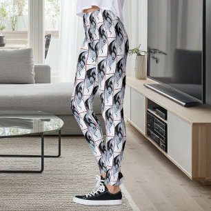 Legging Dragão Tribal Preto Ousado Flores Vermelhas e Azui