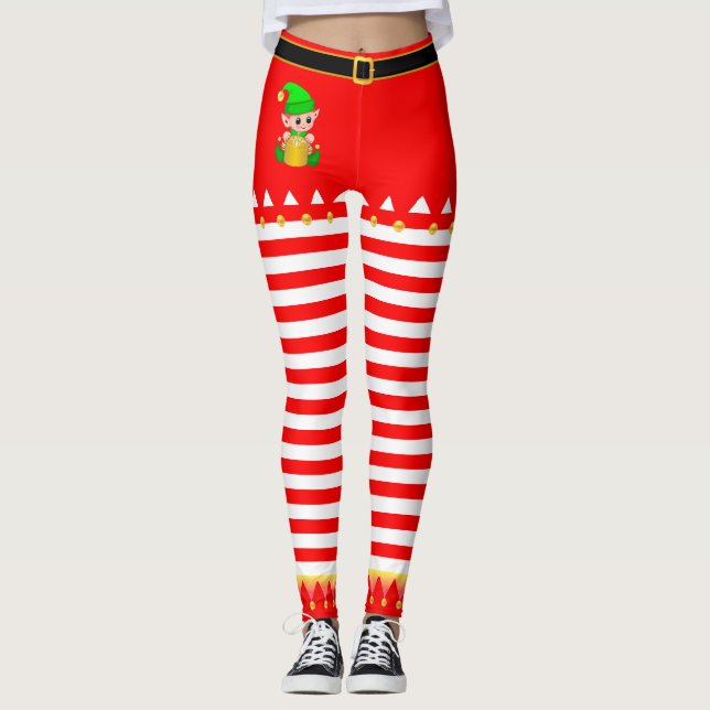 Legging Duende de Natal & Sininhos em Listras Vermelhas e  (Frente)
