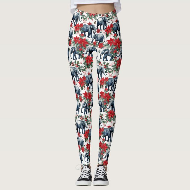 Legging Elefantes De Natal Com Poinsettias (Frente)
