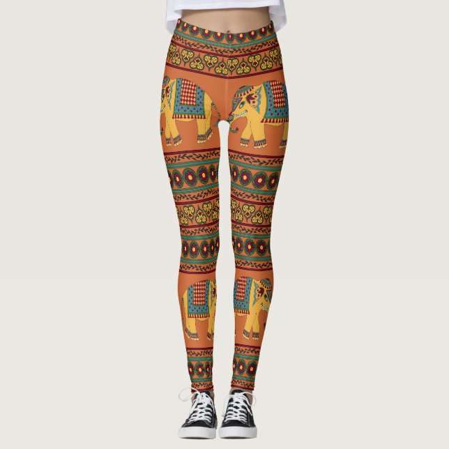 Legging Elefantes Indianos, Laranja Tradicional Sem Costur (Frente)