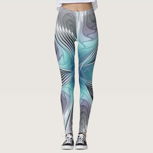 Legging Elegance Modern Blue Cinza White Fractal Art Flowe (Frente)