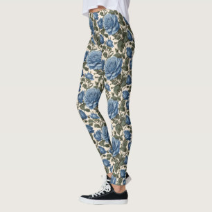 Legging Elegância Azul: Vintage Rosas Provinciais em Bloom