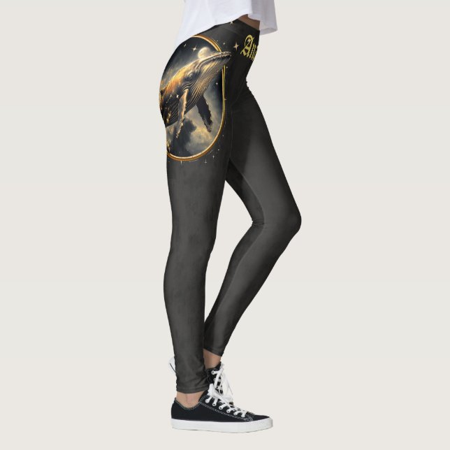 Legging elegância cósmica, o ouro, baleia negra (Direita)