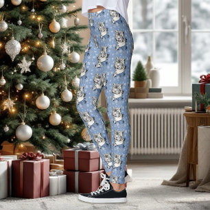 Legging Elegância de Inverno do Leopardo da Neve Azul Floc