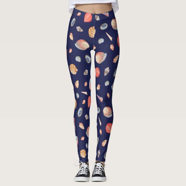 Legging Elegância de Seashell: Padrão Azul de Verão. (Frente)