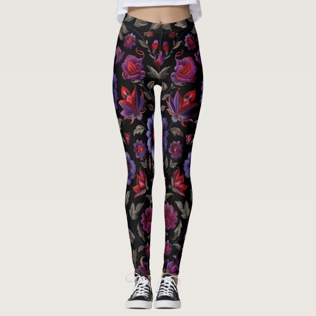 Legging Elegância Escura: Padrão Floral Preto e Roxo (Frente)