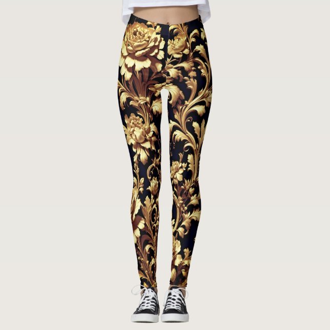 Legging Elegância redefinida: Flamenga Floral Preta e Dour (Frente)