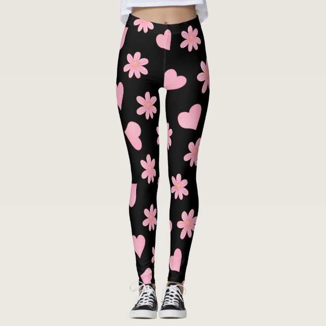Legging Elegant black and pink flowers cute hearts (Frente)