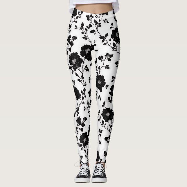 Legging Elegant Black And White Floral Silhouette Botanica (Frente)
