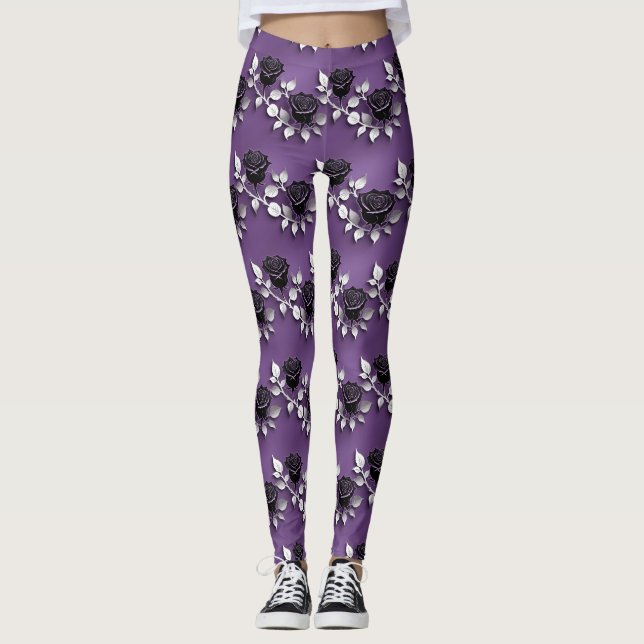 Legging Elegant Black Roses With Silver Leaves (Frente)