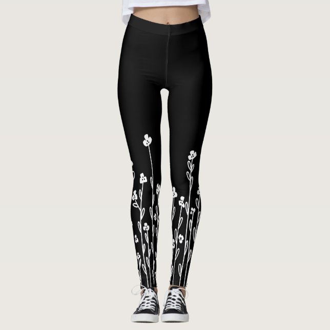 Legging Elegant black white minimalist doodle floral (Frente)