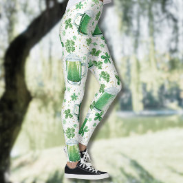 Legging Elegant Green Beer Mugs and Shamrocks White