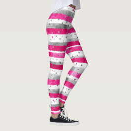 Legging Elegant Valentine Pink Silver Hearts on Striped