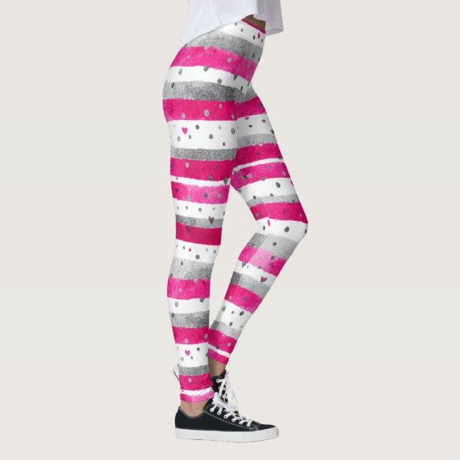 Legging Elegant Valentine Pink Silver Hearts on Striped (Direita)