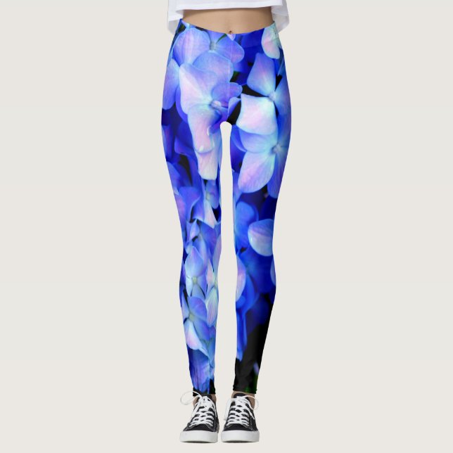 Legging Elegante azul-púrpura magenta hidrangea floral (Frente)