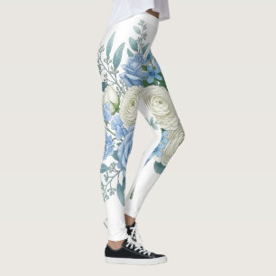 Legging Elegante Buquê Floral Azul e Branco em Aquarela B