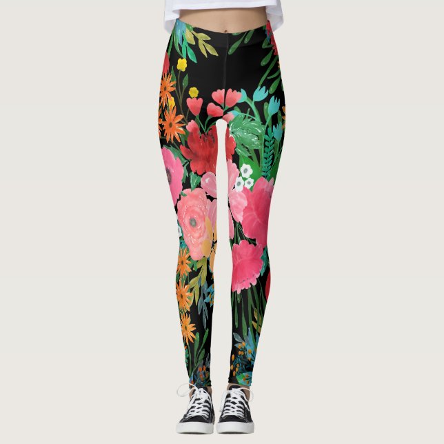 Legging Elegante Cor de água rosa Design floral Buquê (Frente)