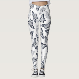 Legging Elegante Design de borboletas brancas pretas