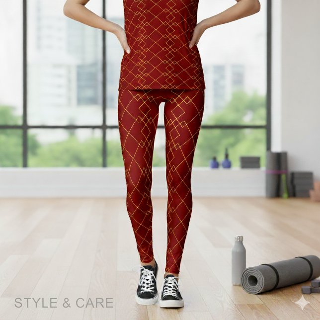 Legging Elegante Design de Caixa Geométrica Dourada Vermel (Stylish Gold Geometric Box Design Deep Red Leggings)