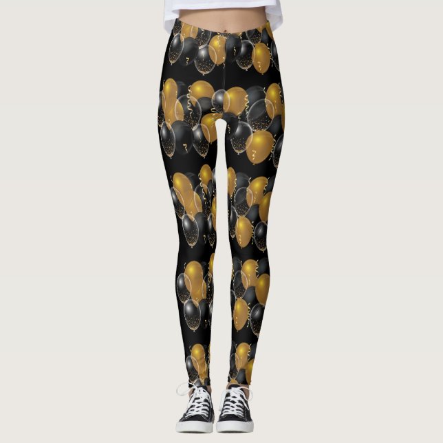Legging Elegante Dourado Balões Negros Confetti (Frente)
