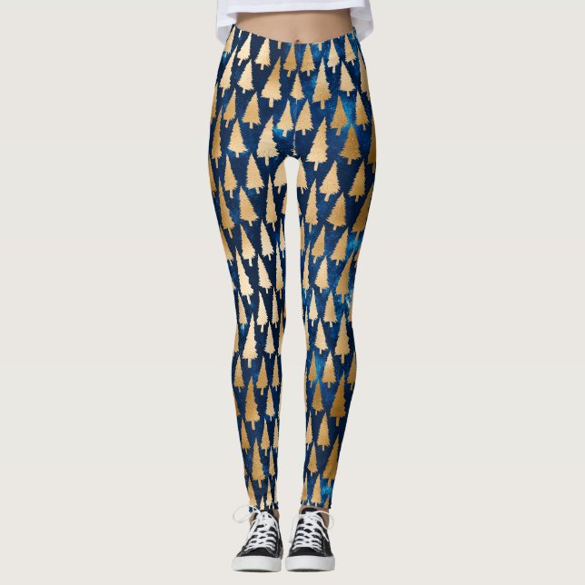 Legging Elegante Dourado das Árvores de Natal Feriado Yoga (Frente)