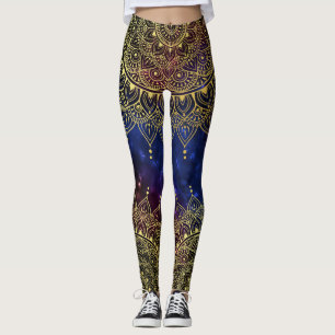 Legging Elegante Dourado na Nebulosa Escura Floral Henna M