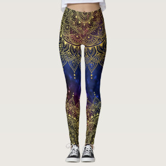Legging Elegante Dourado na Nebulosa Escura Floral Henna M
