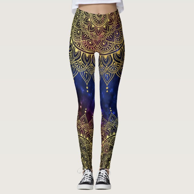 Legging Elegante Dourado na Nebulosa Escura Floral Henna M (Frente)