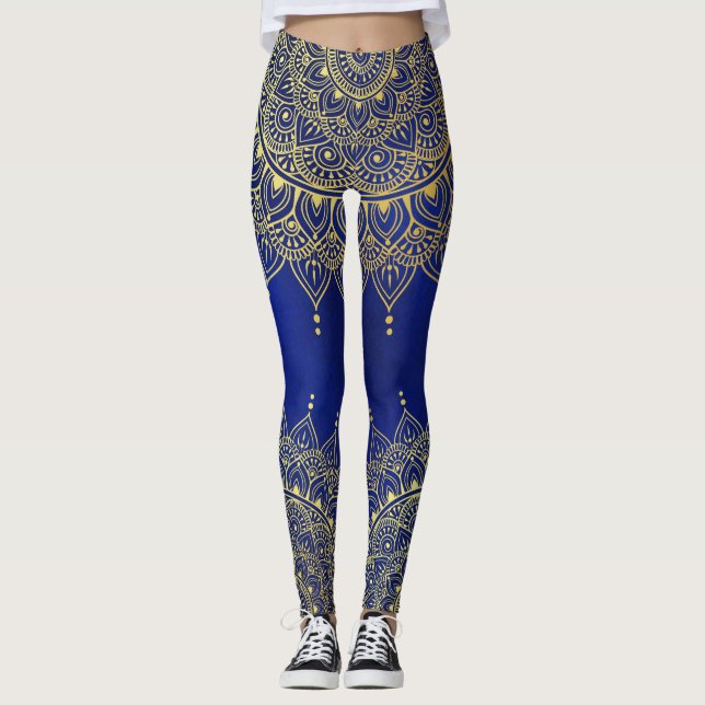 Legging Elegante Dourado no Floral Azul Profundo Henna Man (Frente)