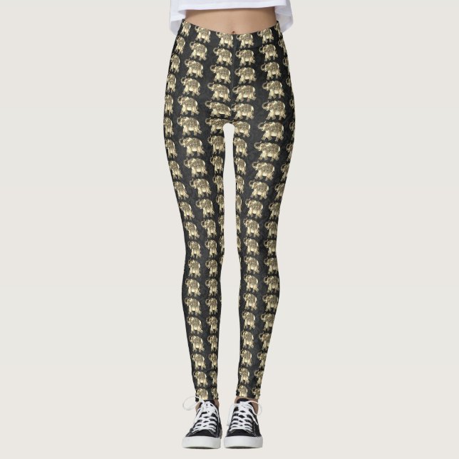 Legging Elegante Dourado Paisley Floral Elephants, Black D (Frente)