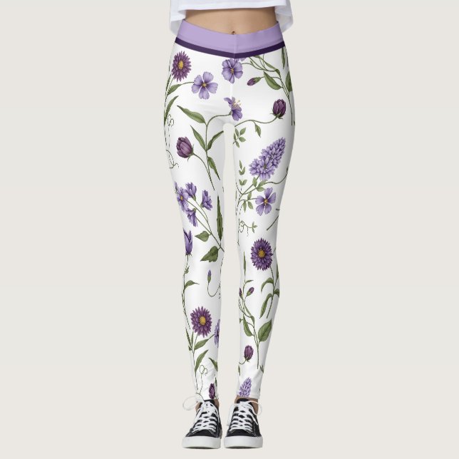 Legging Elegante Floral Botânico Roxo com Cintura Alta (Frente)