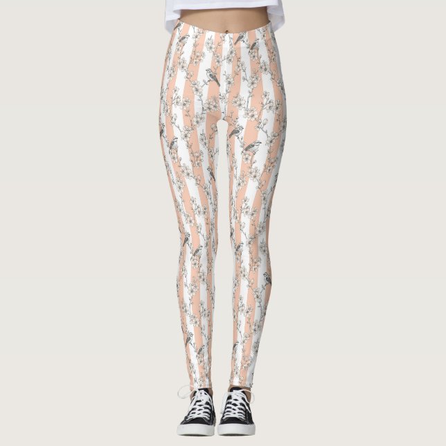 Legging Elegante Floral de Pássaro com Listras de Pêssego  (Frente)