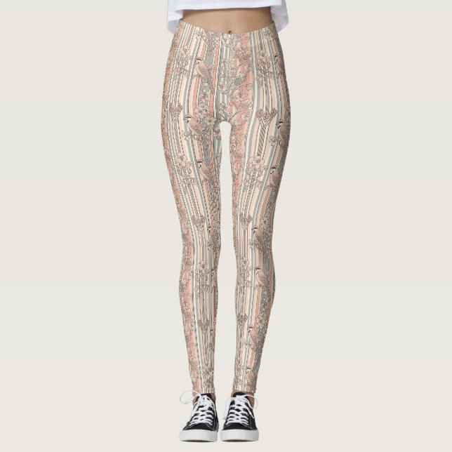 Legging Elegante Floral de Pássaro com Listras de Pêssego  (Frente)