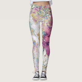 Legging Elegante Glitter Dourado Galáxia Roxo Azul-Teal Ro