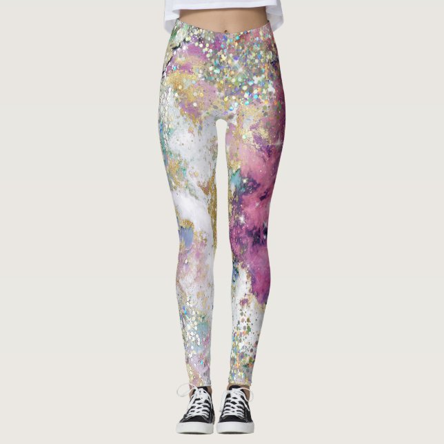 Legging Elegante Glitter Dourado Galáxia Roxo Azul-Teal Ro (Frente)