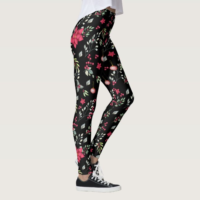 Legging Elegante Green Dourada Leaves e Red Holly Berries (Direita)