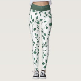 Legging Elegante Impressão de padrão branco e folha verde