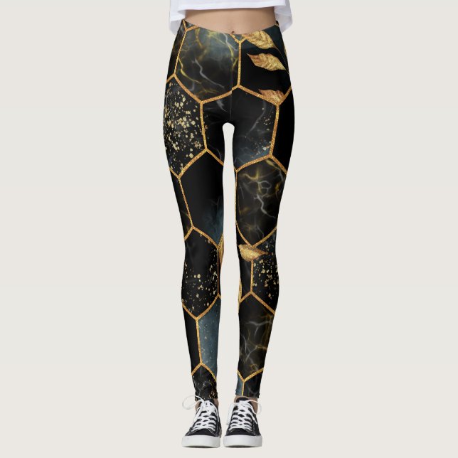 Legging Elegante Marble & Dourado: Textura de Hexágono do  (Frente)