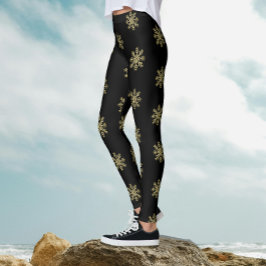 Legging Elegante Padrão de Floco de Neve em Preto e Dourad