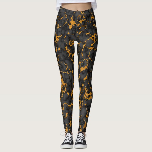 Legging Elegante, preto e Dourado, Design de textura mármi (Frente)
