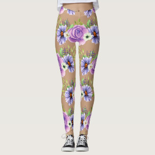 Legging Elegante Rosa Bege Flor Lilás Pele