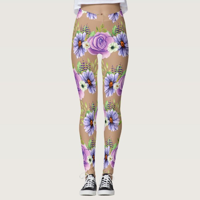 Legging Elegante Rosa Bege Flor Lilás Pele (Frente)