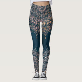 Legging Elegante Rosa Dourado em Teal Floral Henna Mandala