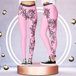 Legging Elegante Rosa e Preto, Viciado em Lace Floral Clás