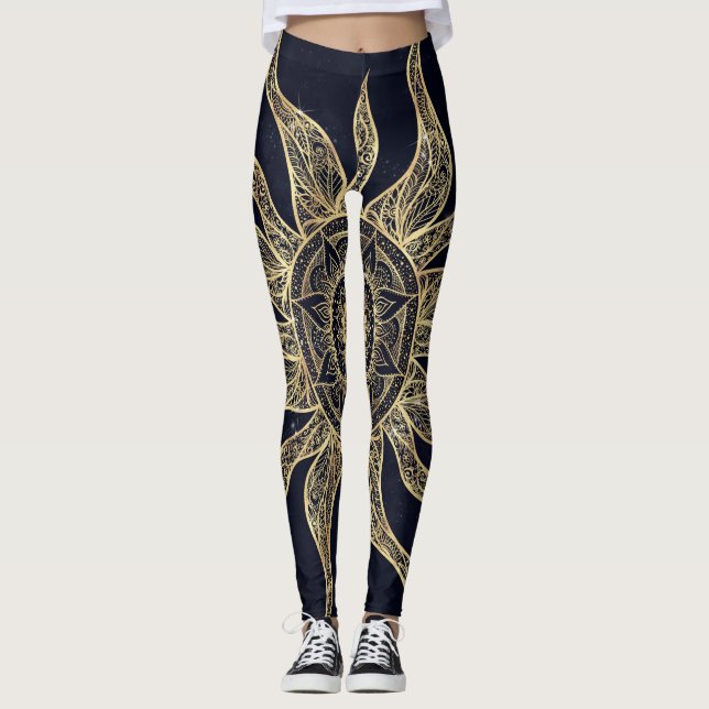 Legging Elegante Sol Dourado Mandala Blue Nebula Design (Frente)